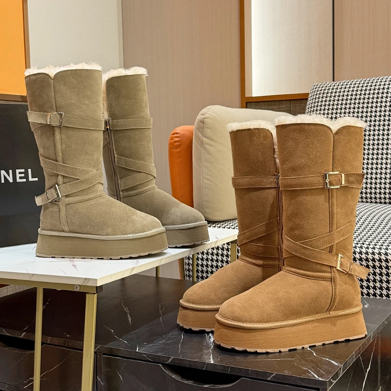 2025新款真皮长筒皮毛一体冬季保暖时尚雪地靴百搭秋冬厚底