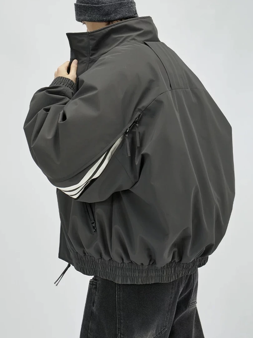 六六 美式复古重磅夹克外套男春秋新款宽松立领冲锋衣拼接夹克