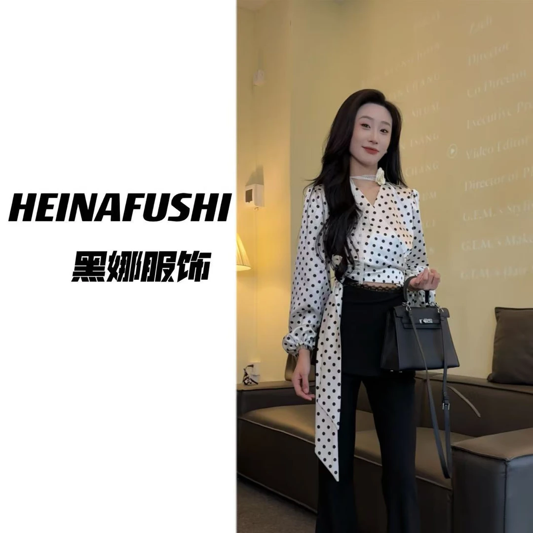 HEINA【清仓】法式温柔醋酸波点绑带上衣5138 Q