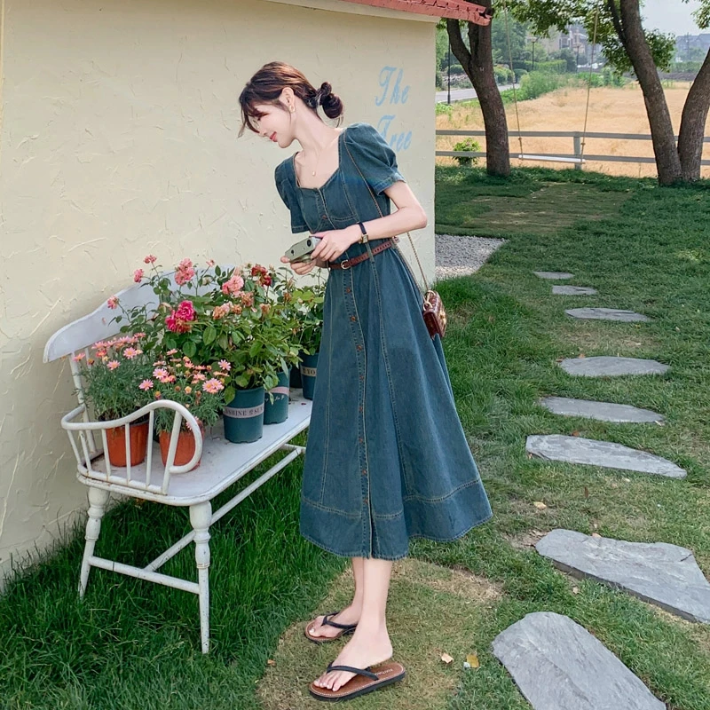 港风复古牛仔连衣裙2024新款女夏季薄款别致独特时尚牛仔裙连衣裙