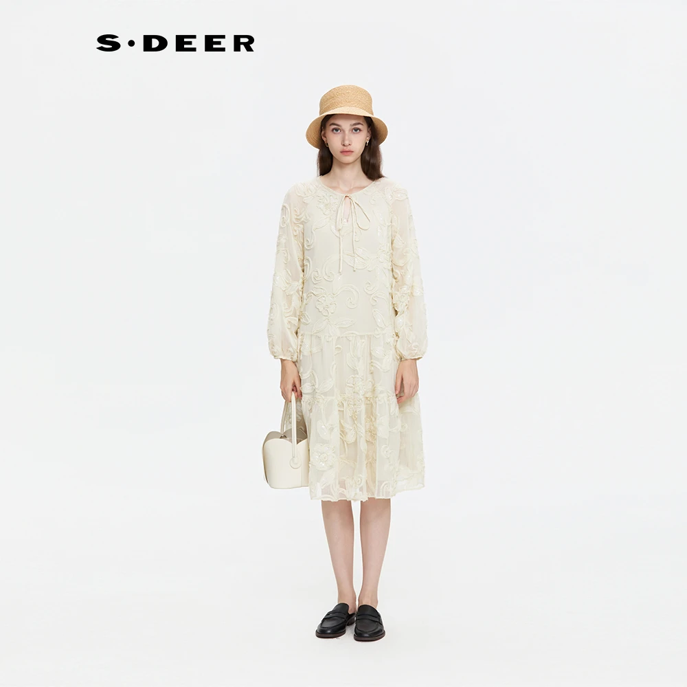 S·DEER圣迪奥裙子蕾丝气质长袖白色时尚女士秋季连衣裙S253Z1259