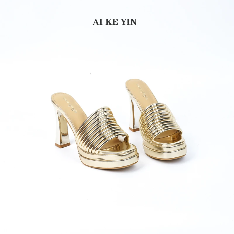 【艾珂茵】春夏季新款方头防水台一字带细跟高跟鞋拖鞋时尚超高