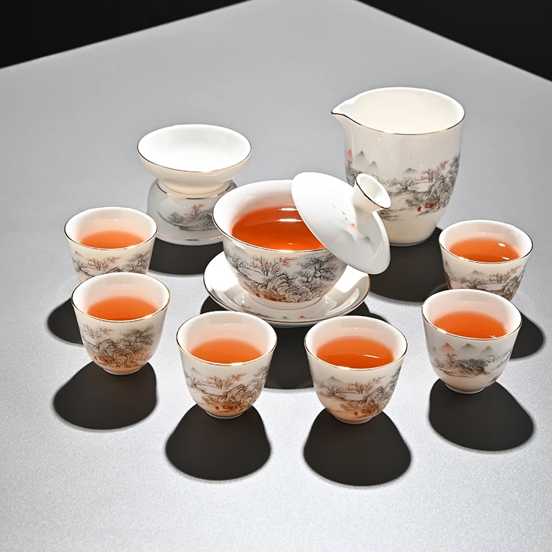 羊脂玉瓷描金功夫茶具泡茶壶套装家用公道杯茶漏茶杯茶具套装