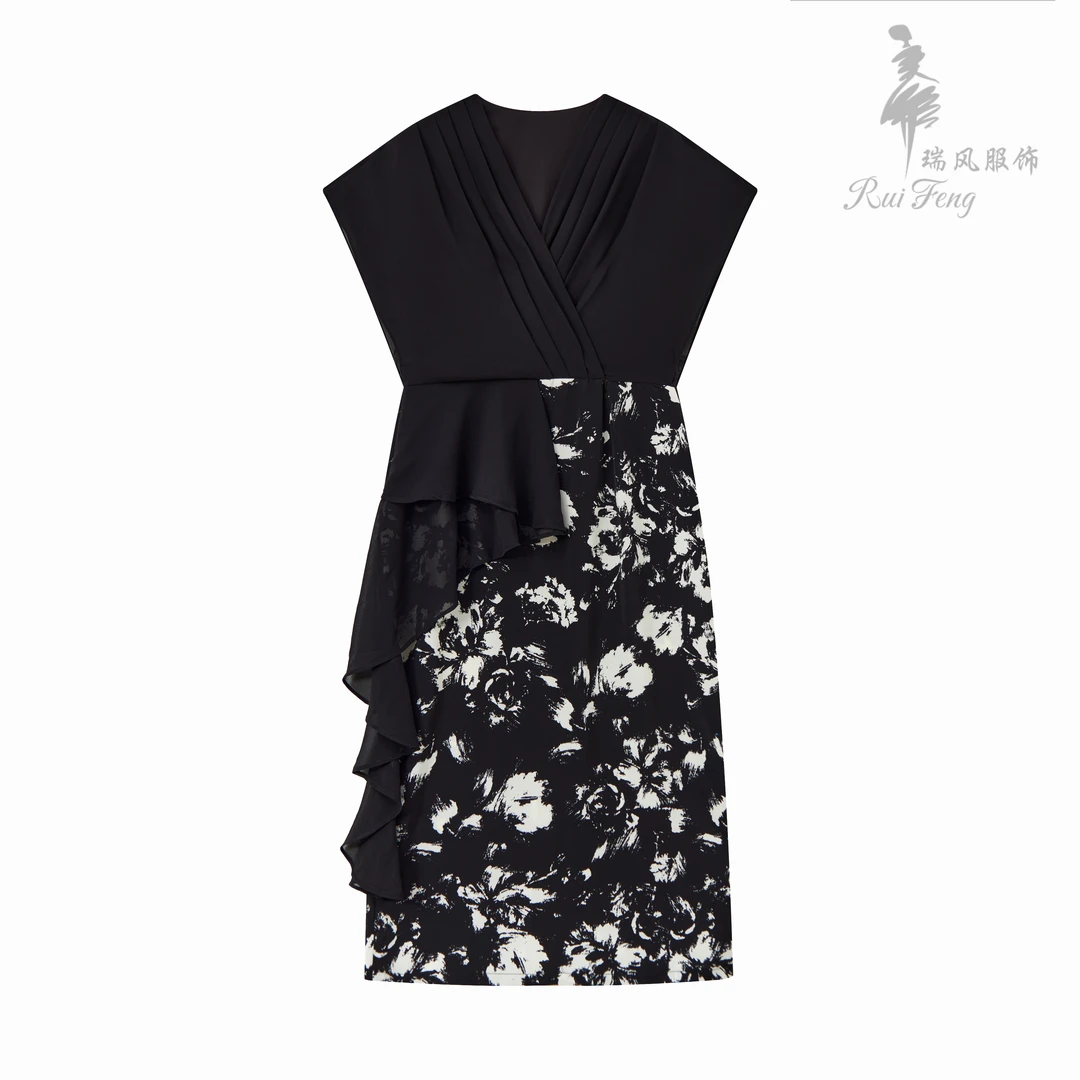 瑞风服饰夏季新款法式气质轻奢印花拼接收腰高级感连衣裙设计师款