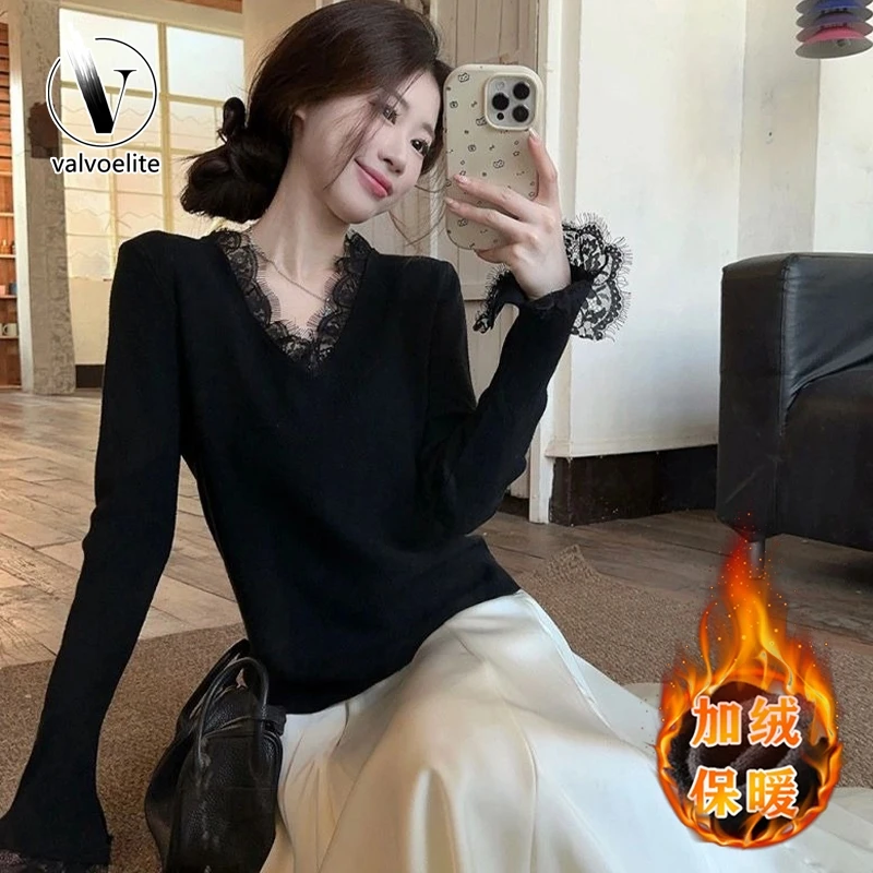 VALVOELITE大码蕾丝v领打底衫女秋冬季加绒加厚遮肚显瘦内搭上衣