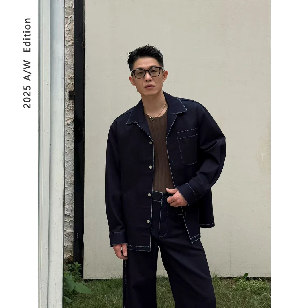 DUPU CONTRACTED 时髦精入/毛边设计针织牛仔古巴领衬衫式夹克