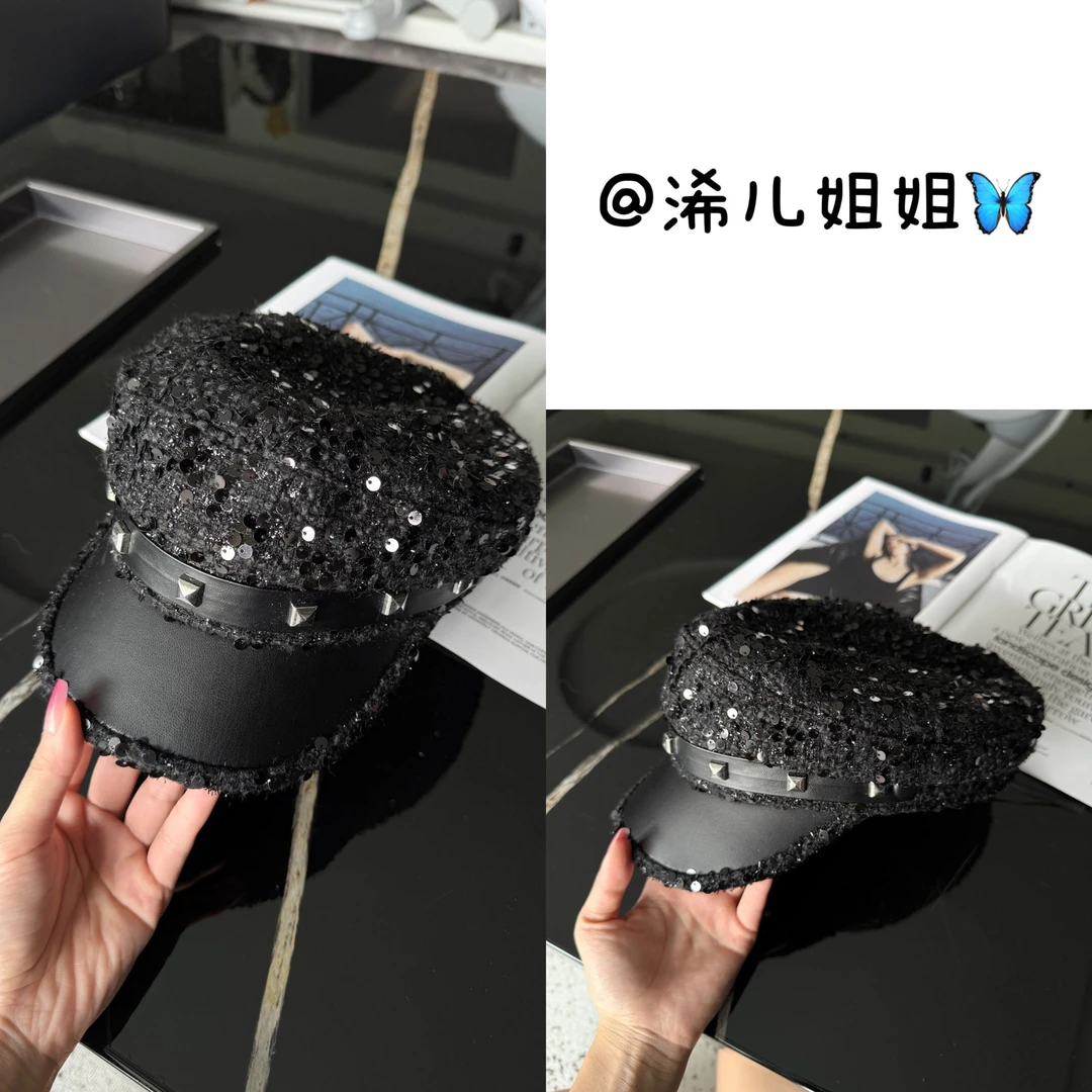 【浠儿家】秋冬新款亮片铆钉皮檐平顶帽子女韩版时尚显脸小铆钉帽