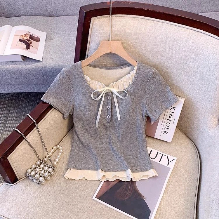 女中大童2025夏季爆款气质外穿T恤夏装小香风木耳边短款上衣ins潮
