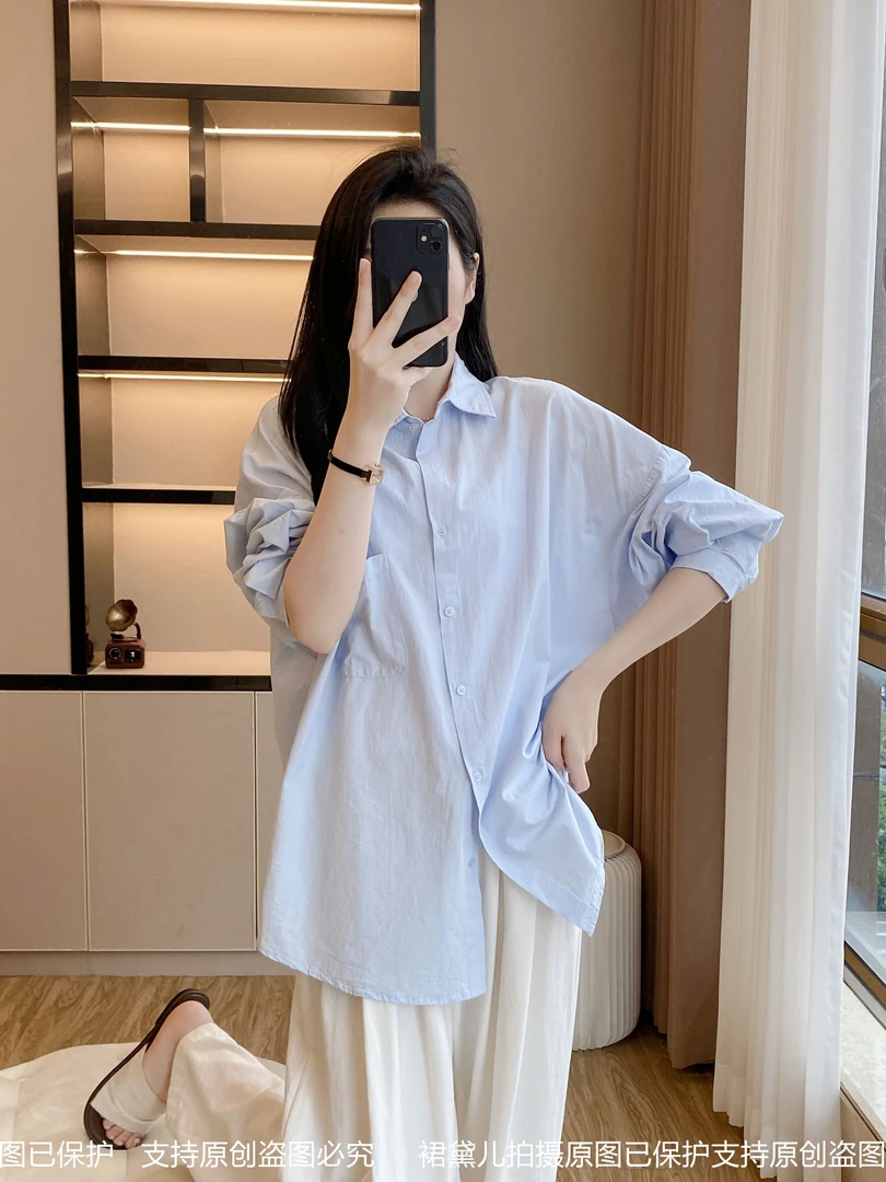 100%棉轻薄防晒外套成衣洗水九分袖慵懒风休闲透气防晒衬衫单件1