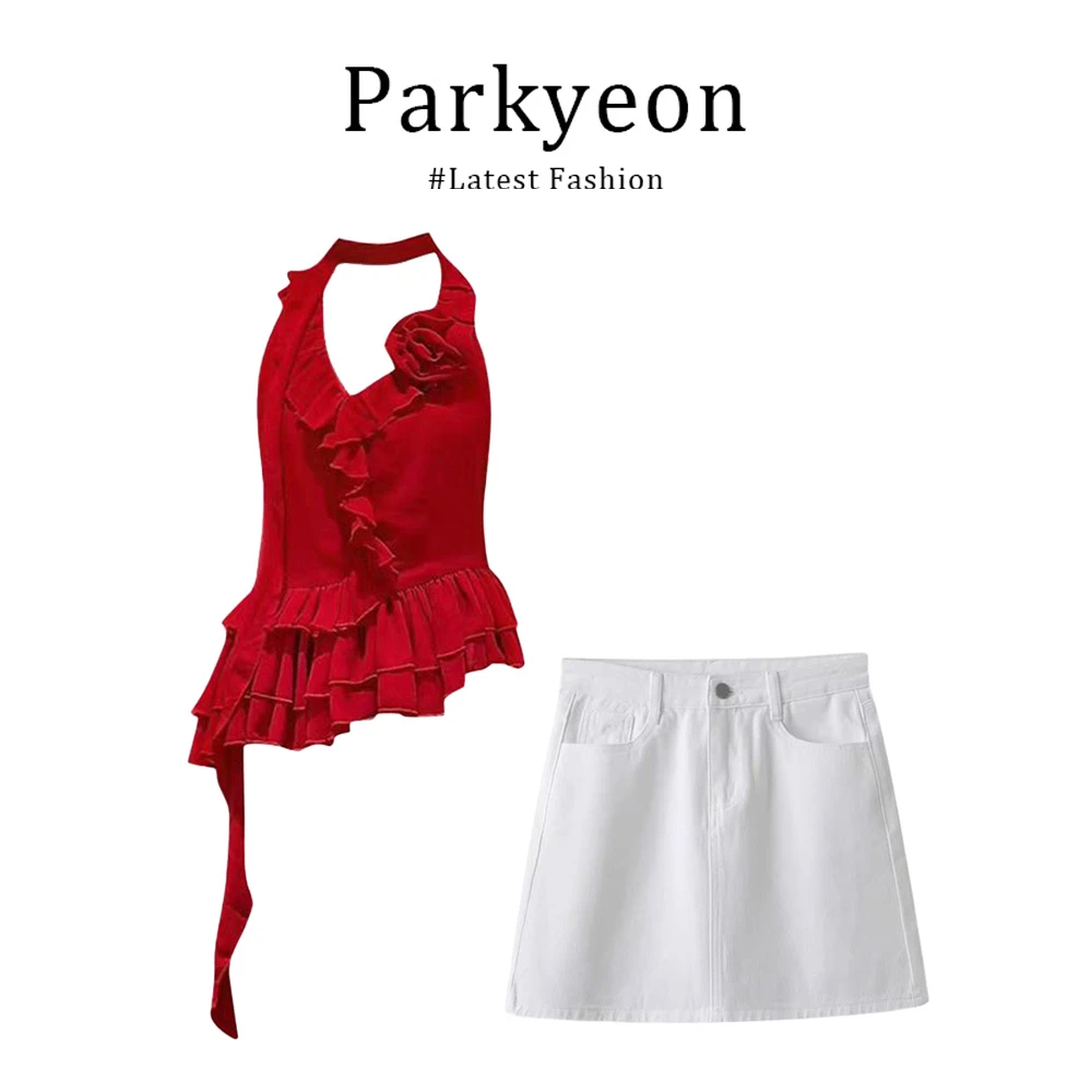 parkyeon超显白荷叶边不规则掐腰上衣低腰时尚性感半身裙两件套装