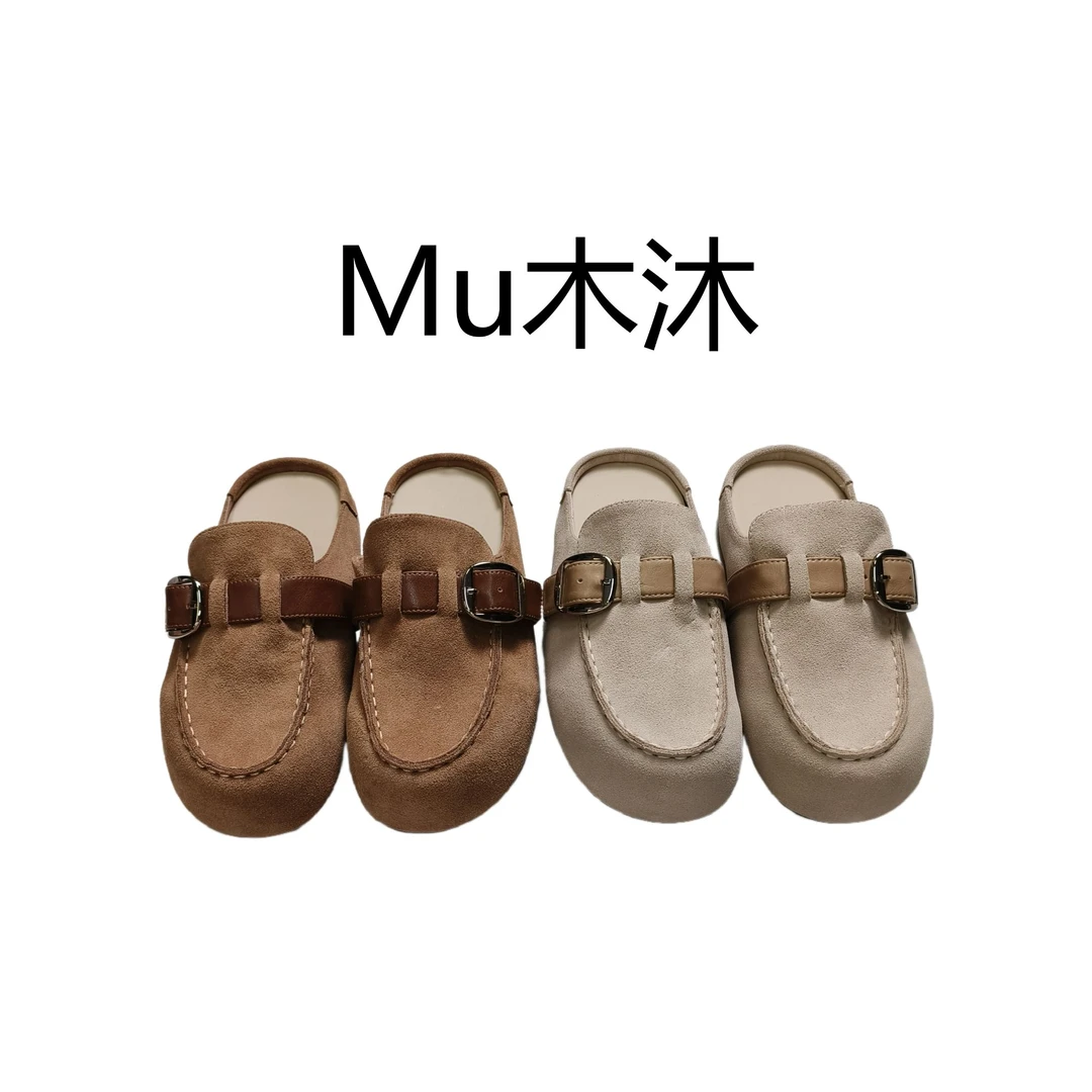 Mu木沐♠新品翻毛皮包头皮带扣半拖鞋
