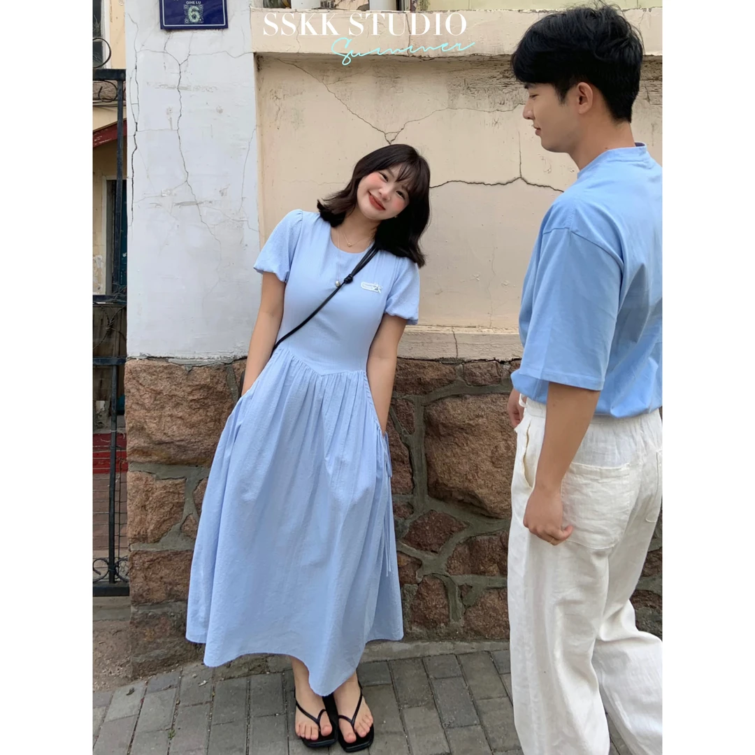 KMZY/KMZY山_山【云朵假日】微胖mm法式甜美泡泡袖显瘦大口袋连衣裙