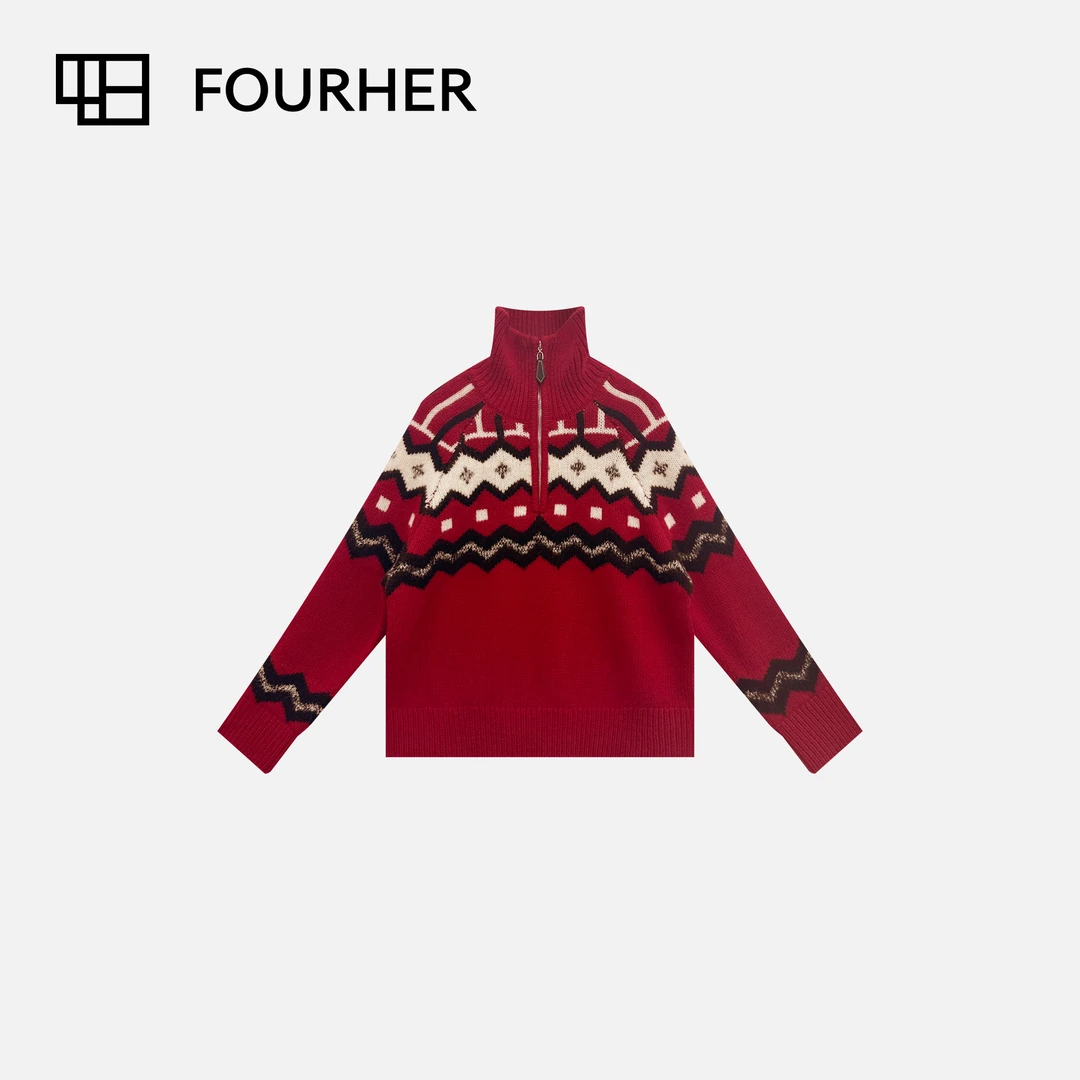 FOURHER 英式红莓 费尔岛庆典 半拉链髙领提花毛衣