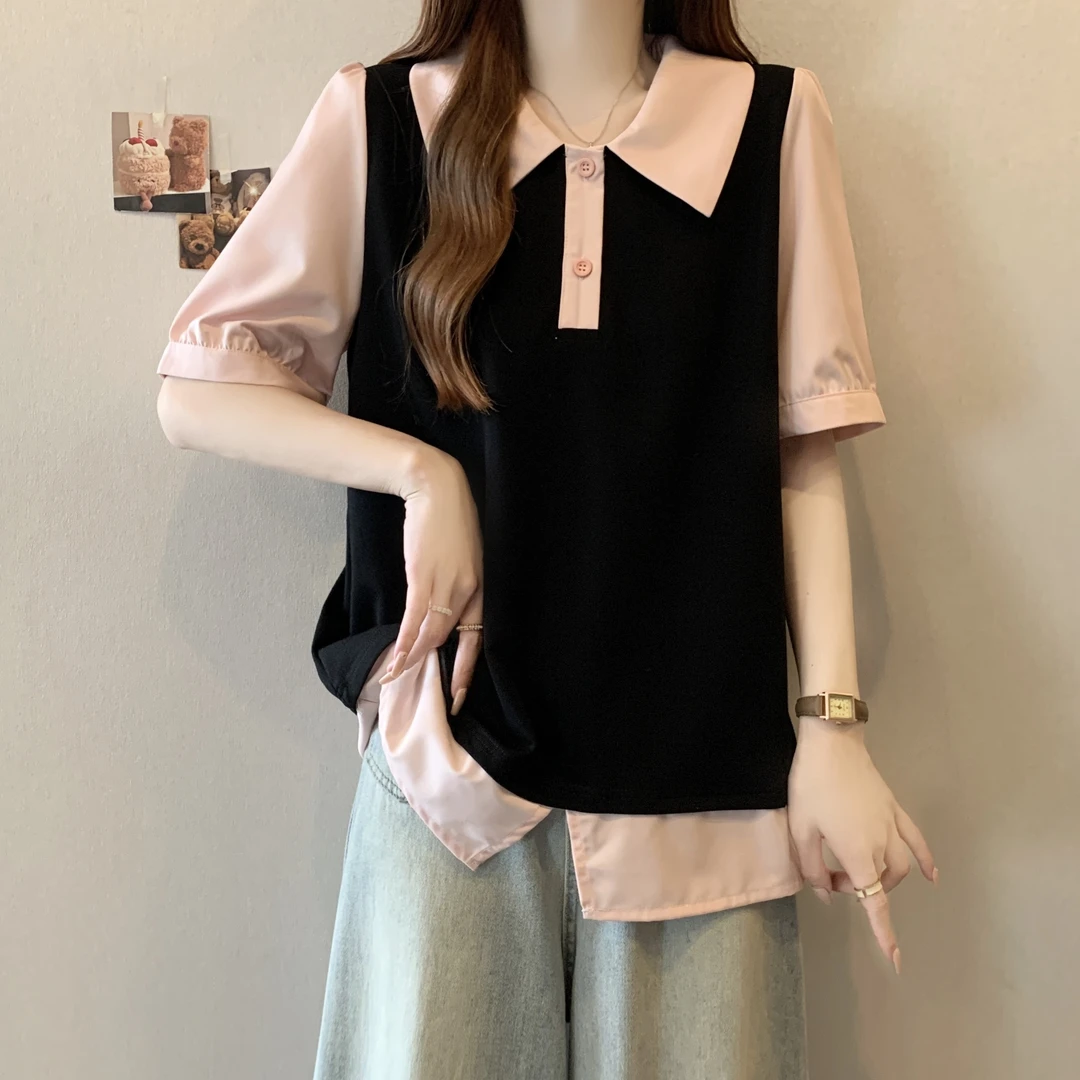 大码女装遮肚子POLO领假两件短袖衬衫夏季胖妹妹显瘦气质百搭上衣