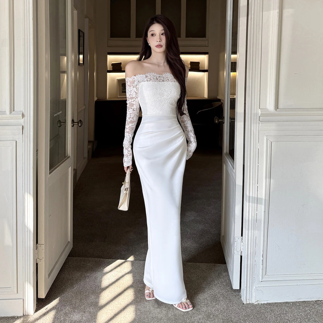 百搭老钱风一字肩黑色宴会小众炸街蕾丝拼接性感显瘦包臀连衣裙