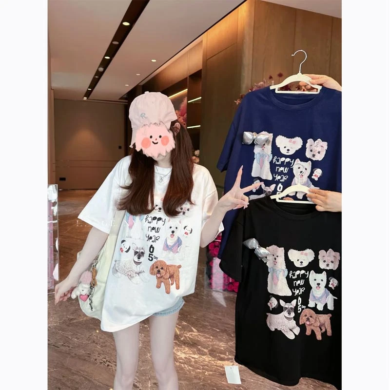 2025夏季新款韩版设计感小狗印花圆领短袖T恤女高级感百搭薄上衣