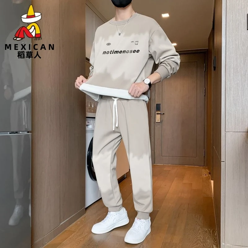 稻草人春季新款男生印花套装学生宽松卫衣青少年上衣大童裤子整套