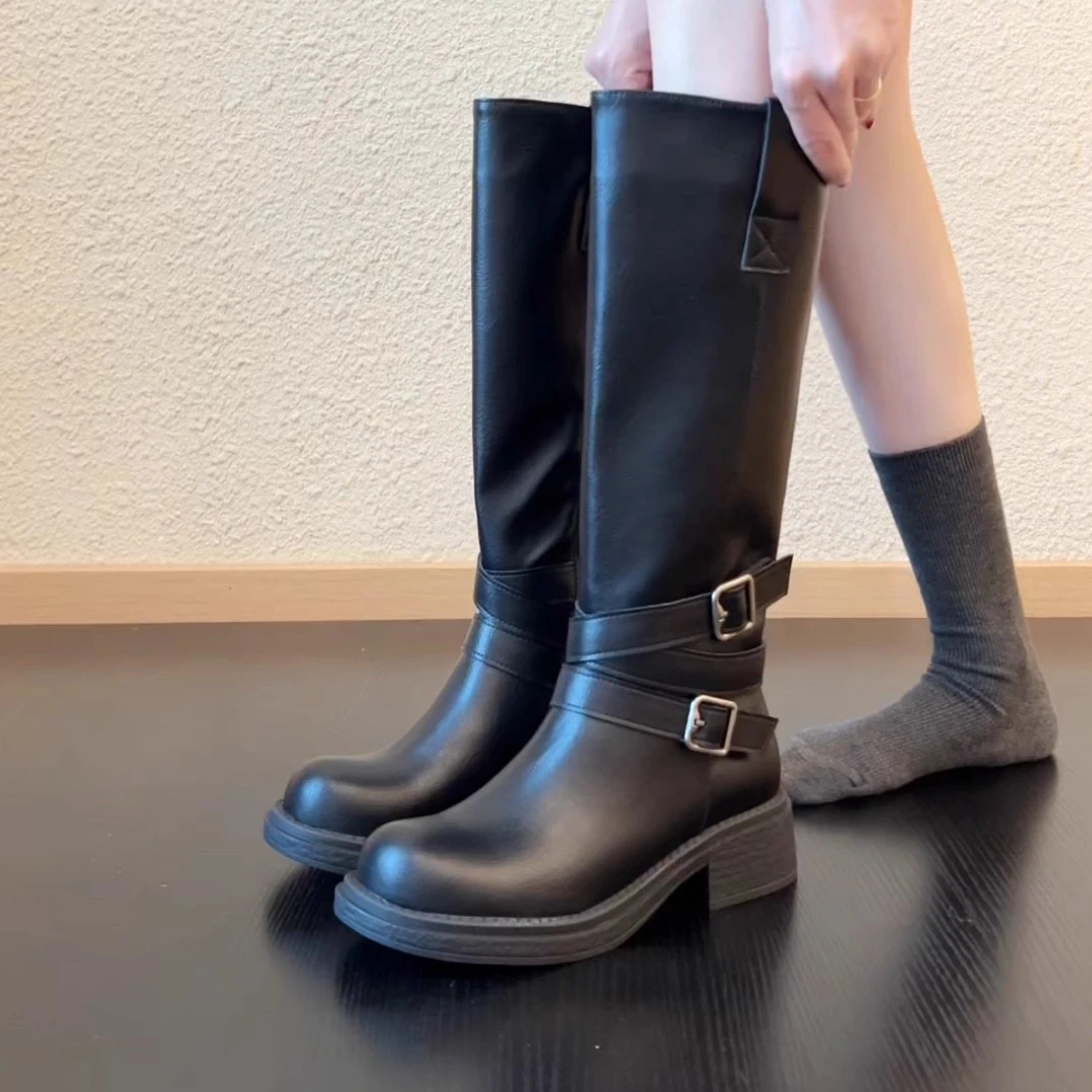Pokoy-4.5cm皮带扣女百搭气质复古不过膝骑士靴高筒靴子