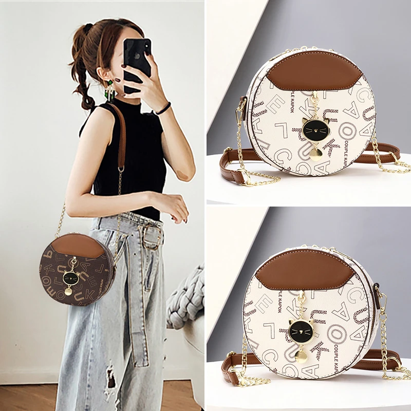 印花可爱小圆包女2025新款百搭撞色格子斜挎包小清新链条单肩小包