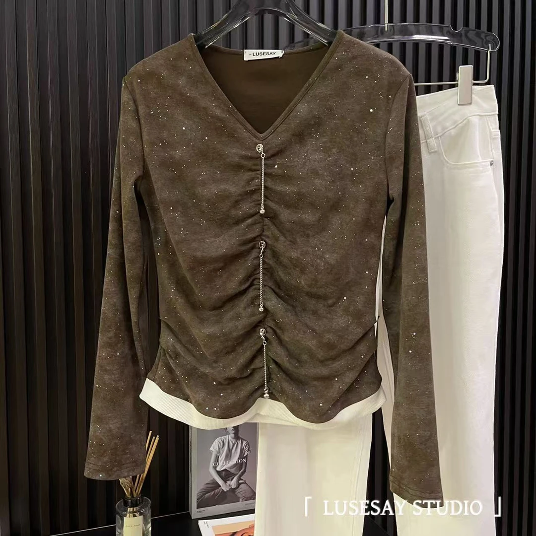LUSESAY  设计感链条V领收腰假两件 2025新款长袖显瘦百搭t恤女