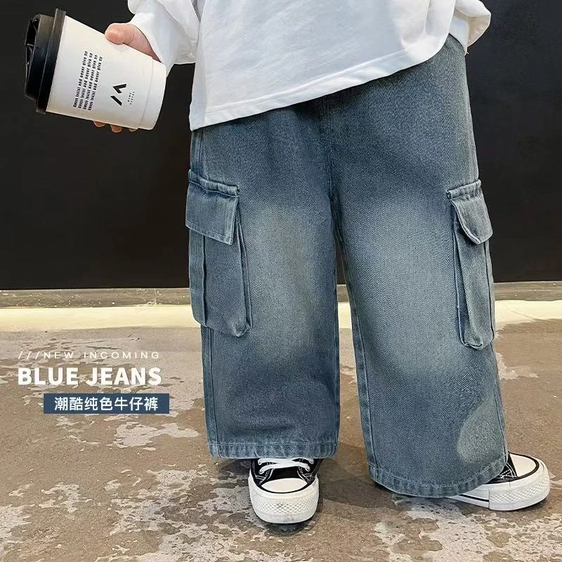 儿童春季新款牛仔裤2025韩版百搭复古长裤帅气工装口袋男童直筒裤