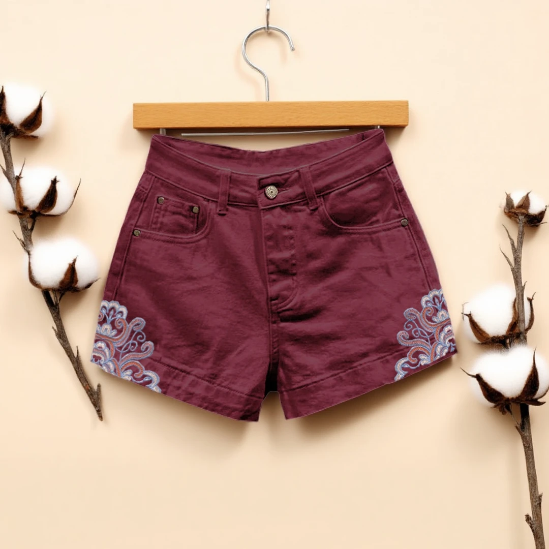 安可拉红刺绣设计牛仔短裤女2025年夏装新款高腰休闲百搭a字热裤