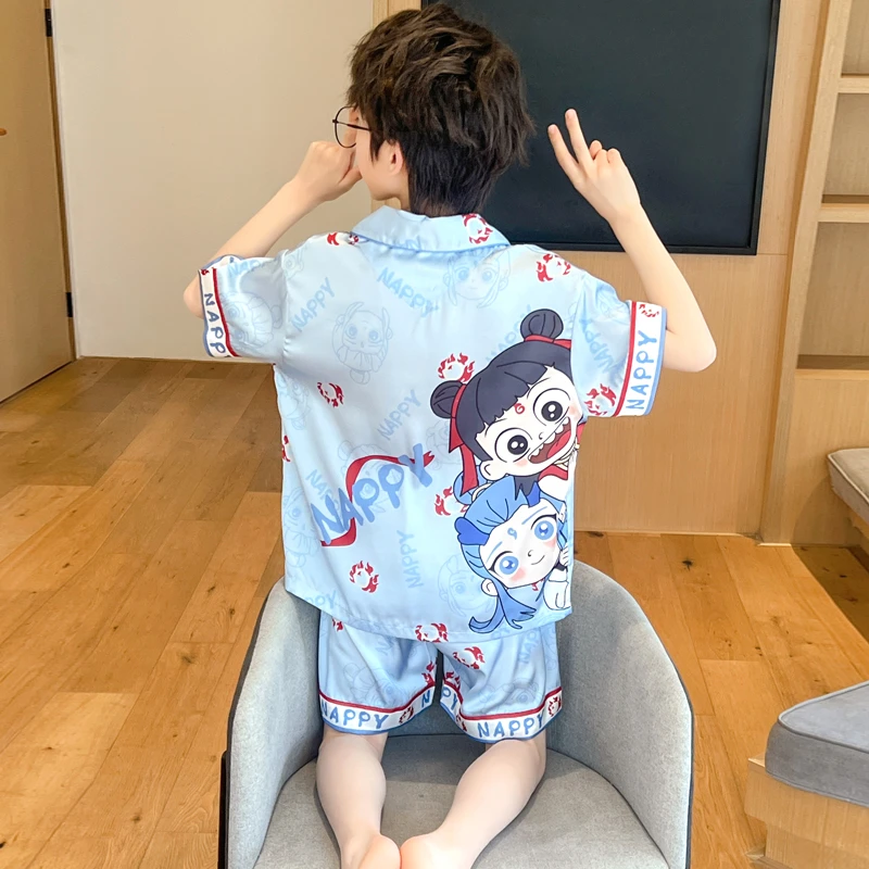 儿童睡衣男童夏季冰丝短袖薄款卡通可爱宝宝中大童家居服套装夏天