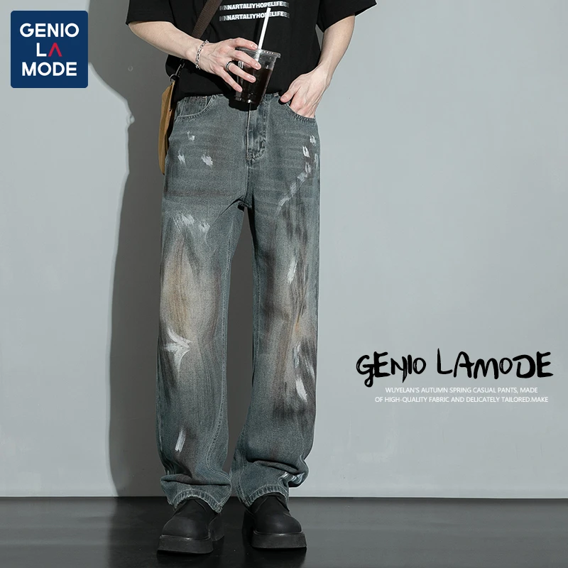 GENIO LAMODE泼墨牛仔裤男款春夏季美式复古潮流高街百搭直筒裤子