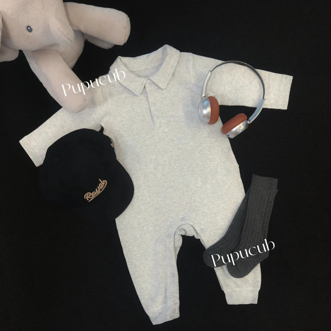 超酷！Pupucub奶盖绒™POLO连体衣加绒秋冬宝宝衣服百搭白花灰好看