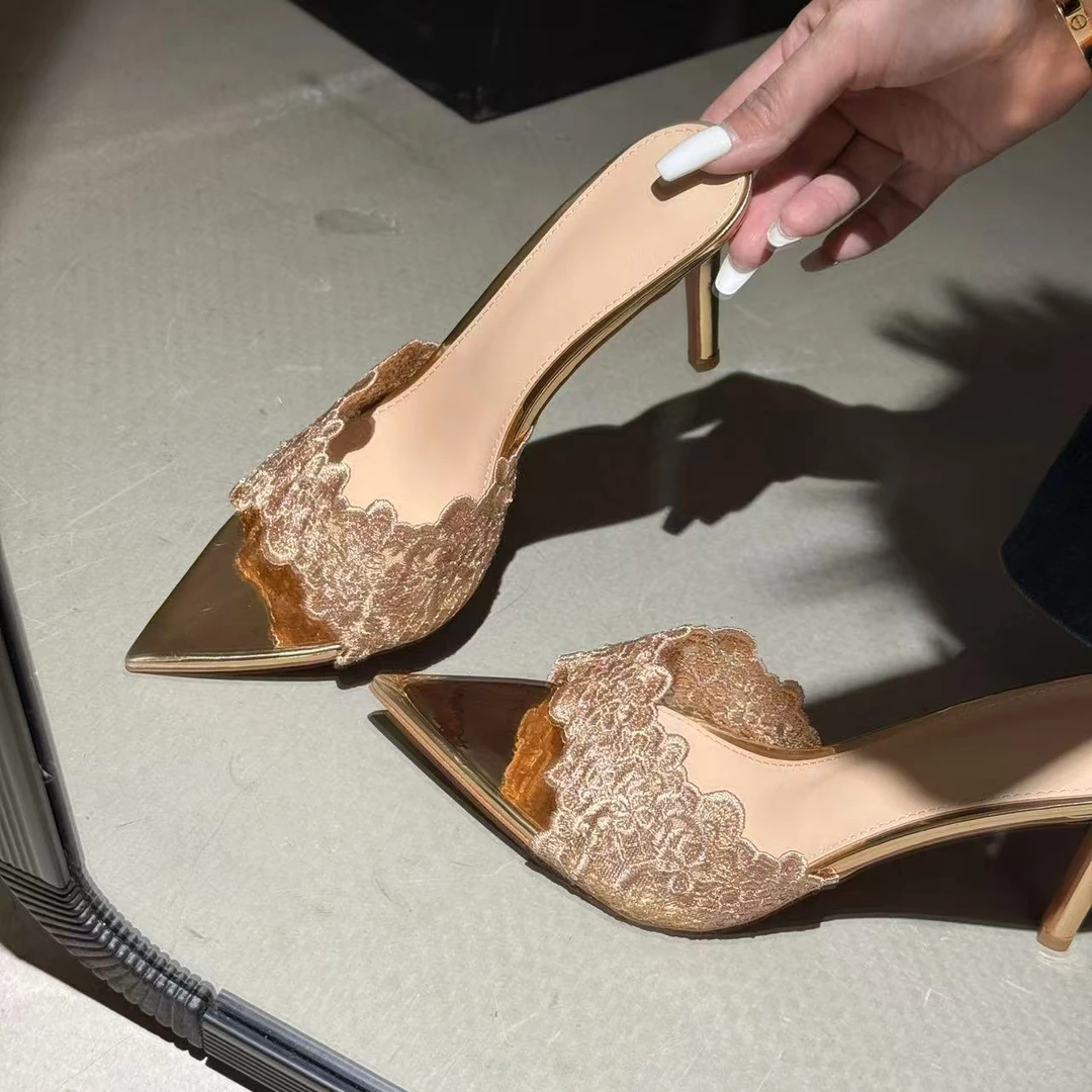2025夏季新品香槟色尖头蕾丝绝美高跟鞋女细跟凉鞋性感御姐凉拖鞋