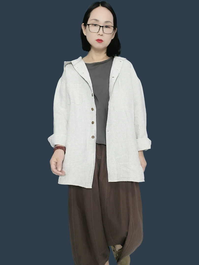 春秋新款朴麻色汉麻开襟休闲百搭单排扣宽松连帽衬衫外套
