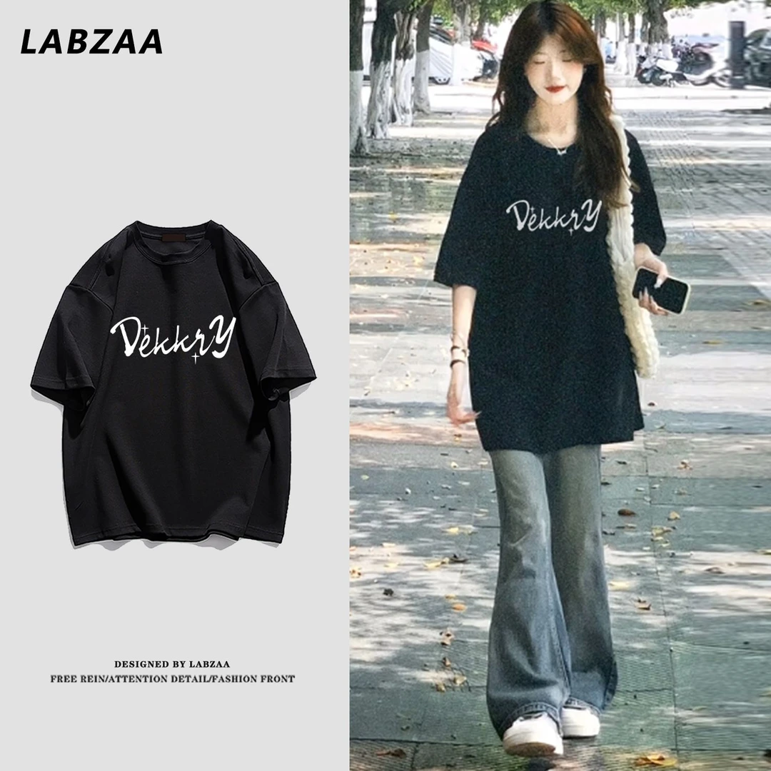 labzaa美式简约创意字母印花短袖t恤男女夏季休闲纯棉情侣款上衣