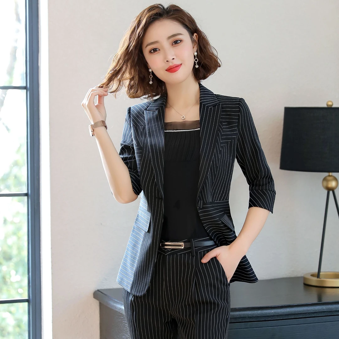夏季薄款条纹时尚休闲职业不挑身材简练气质职场女性西服套装