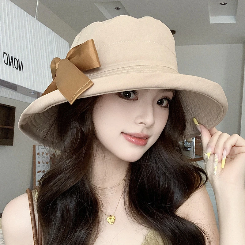 时尚渔夫帽子女夏季新款蝴蝶结飘带大檐遮阳帽简约休闲防晒太阳帽