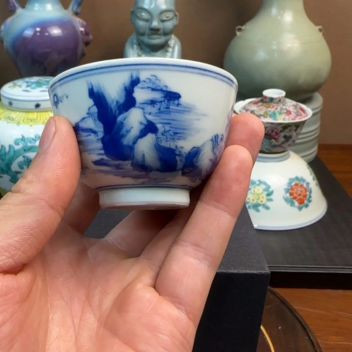 陶瓷M***成青花山水人物主人杯子