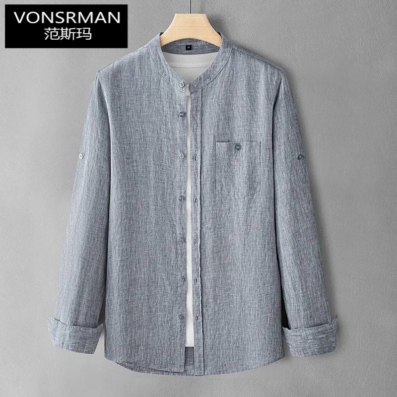春夏季立领亚麻长袖衬衫男装麻布上衣服棉麻料休闲衬衣外套薄款
