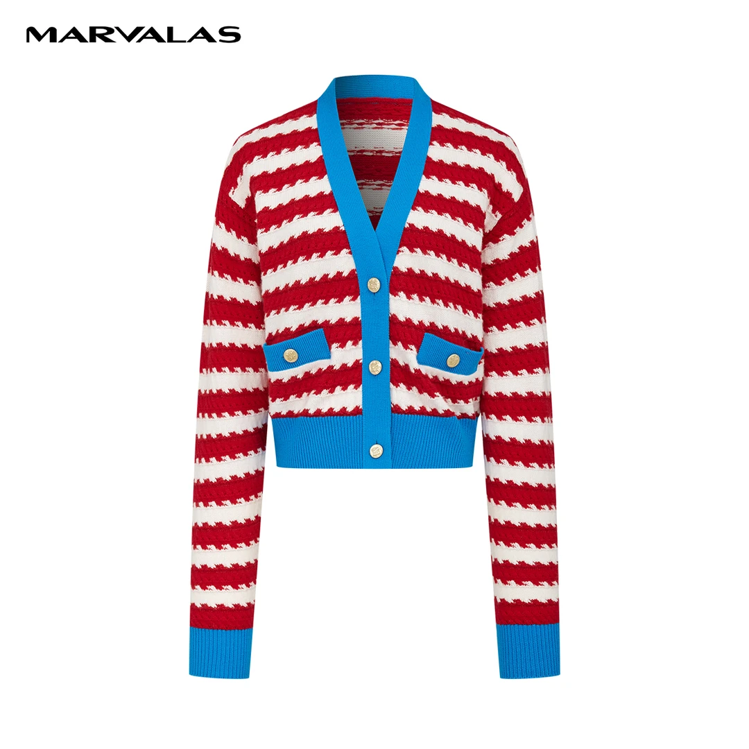 【婷婷专属】M731307192条纹毛织开衫新款绵羊毛混纺针织上衣