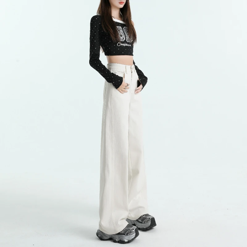 米白色高腰窄版阔腿牛仔裤女秋冬新款宽松垂感直筒休闲弯刀拖地裤