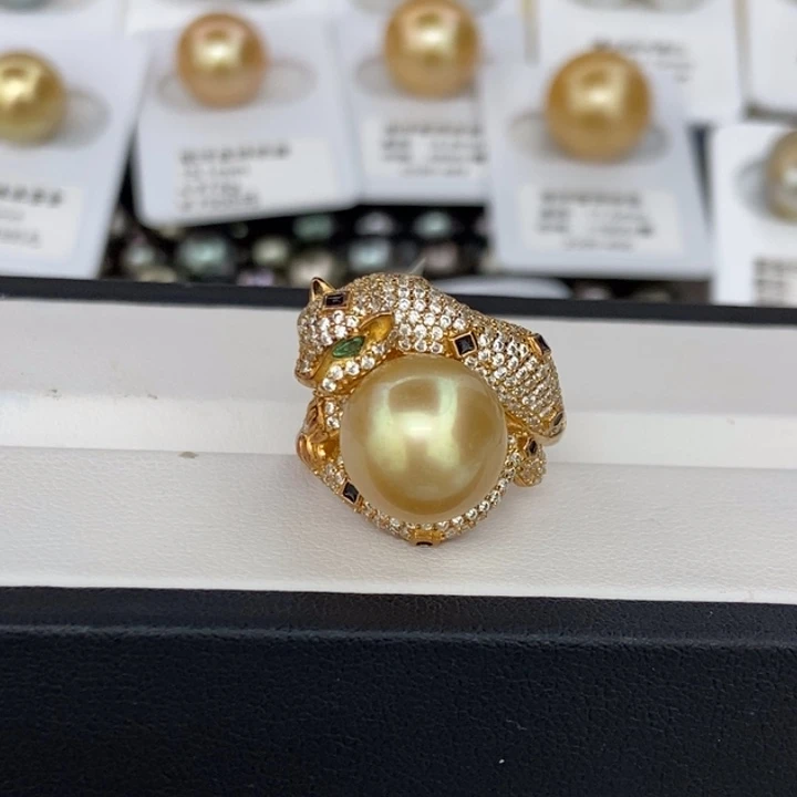 戒指银S925镶嵌海水珍珠金珠12