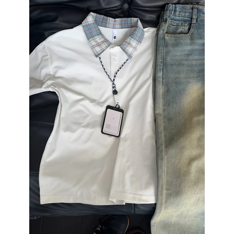 美式拼接格子polo衫短袖男夏季薄款小众设计感t恤凉感翻领半袖