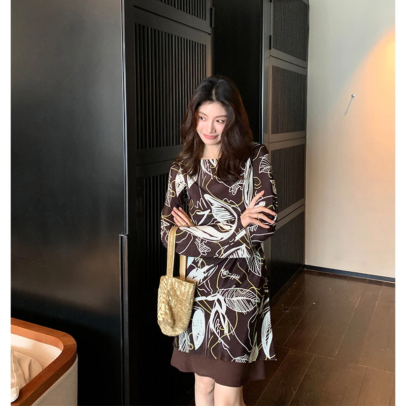 【ALONE SAVOR】龍喜儿森之境 线条花卉印花圆领真丝连衣裙J692