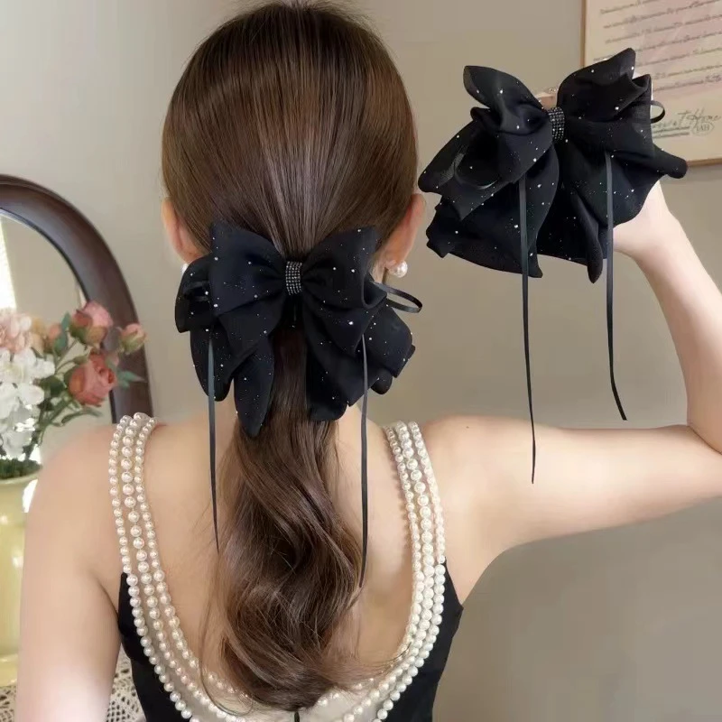 轻奢薄纱满天星蝴蝶结飘带发夹女后脑勺丸子头高级感抓夹头饰发卡