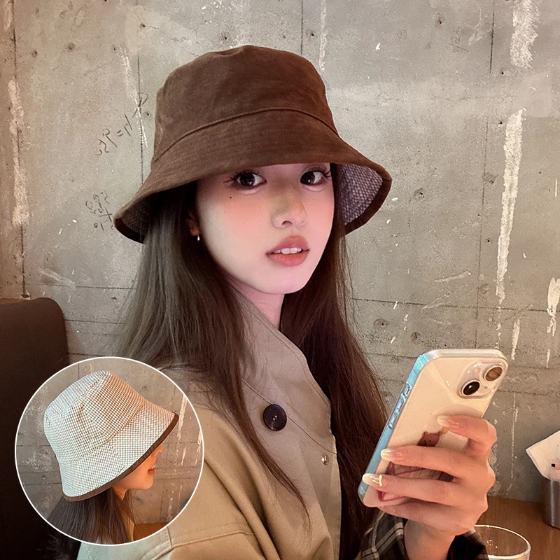 日系复古双面戴格纹渔夫帽女气质高级感盆帽复古显脸小水桶帽子