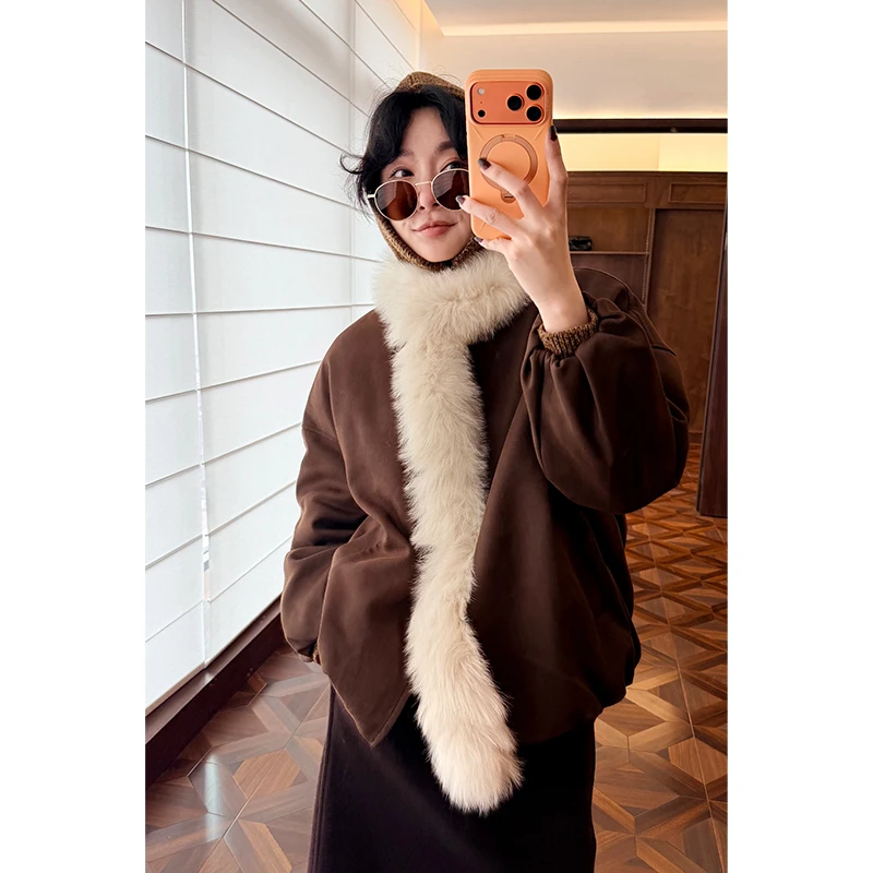 HERLAND她地【麦丽素】氛围90白鹅绒狐狸毛轻奢派克外套HL251225018