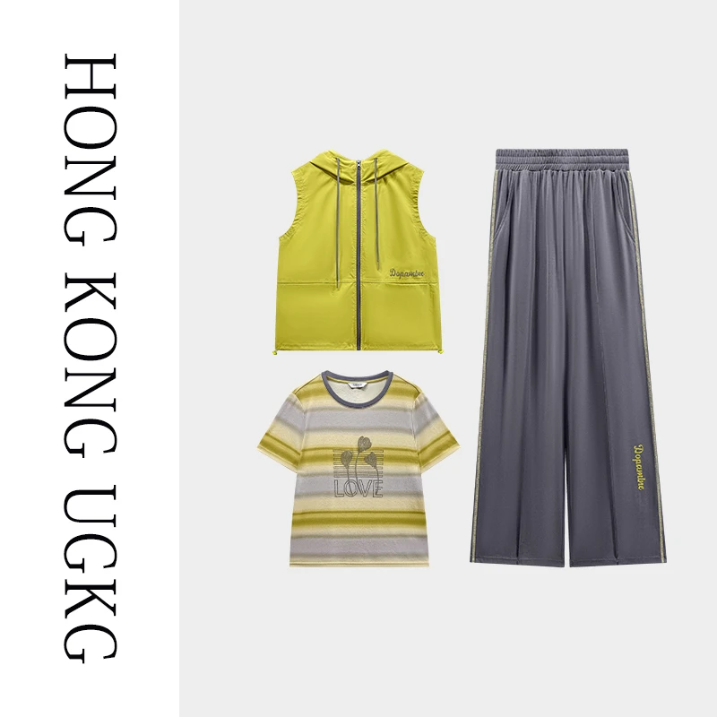 香港UGKG 夏季薄款马甲女款套装衣服T恤背心外穿三件套73252ZH052