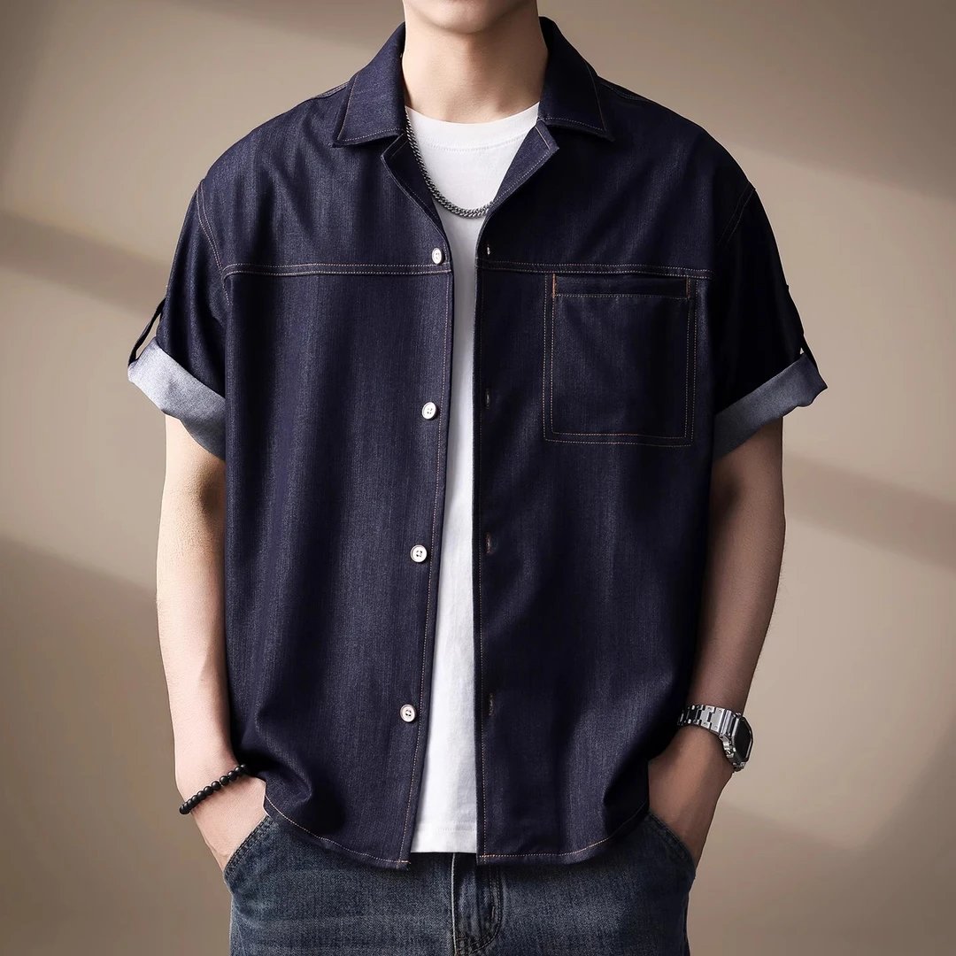 高端冰凉桑丝感丹宁短袖牛仔衬衫男士夏季薄款酵洗休闲半袖衬衣男