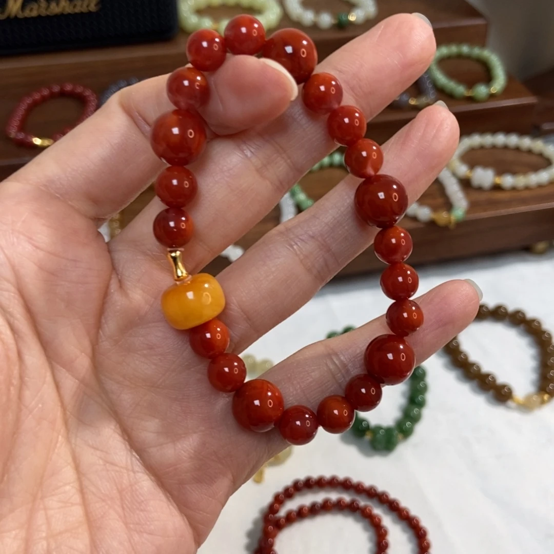 南红玛瑙银S925镶嵌手链福利10mm双拼南红微瑕