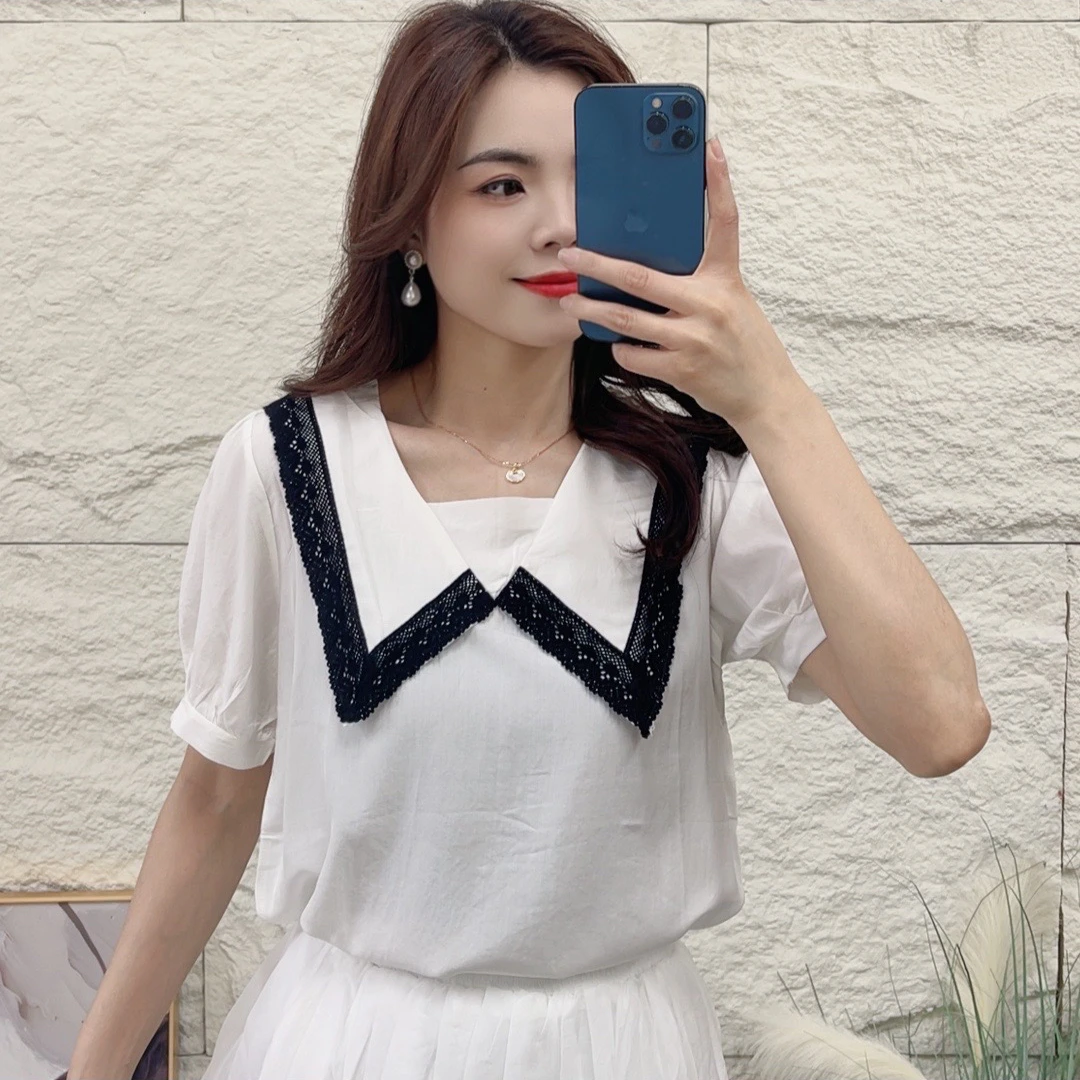 E012衬衫短袖拼接白色镂空连衣裙娃娃领立体装饰百搭夏季