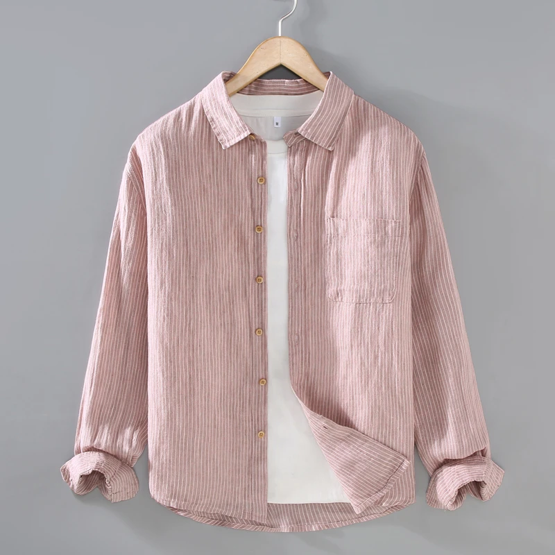 纯亚麻色织布条纹长袖衬衫春夏天轻奢高档100%全麻布料透气衬衣服