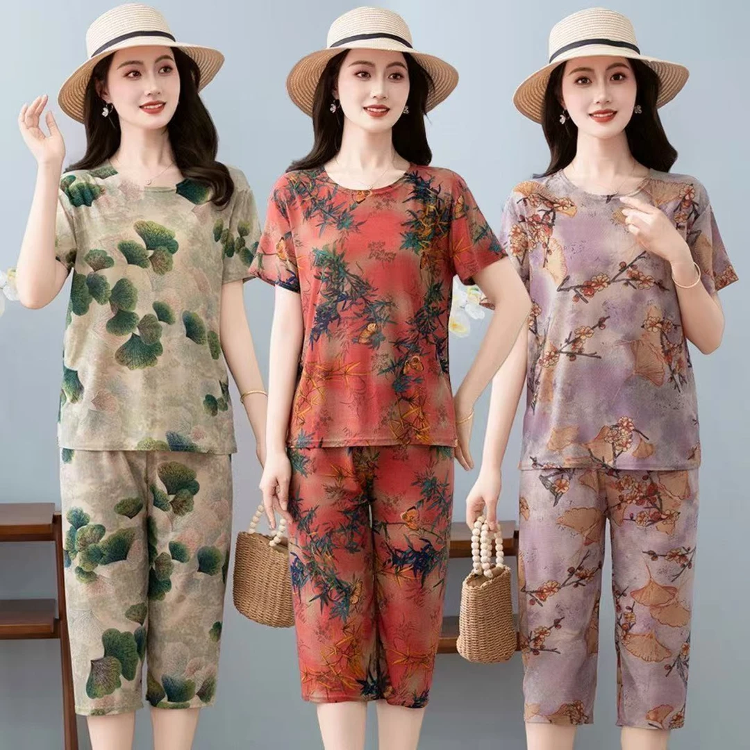 【上衣+裤子】夏季休闲冰丝凉爽妈妈套装